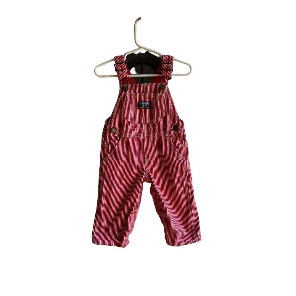  Oshkosh,bgosh, red and white railroad Striped Overalls with Rainbow 12 months
